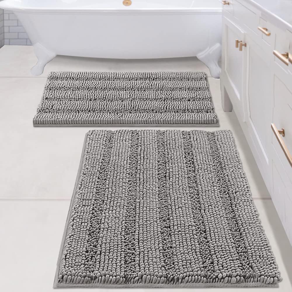 Sage Bathroom Rugs, Bath Mat Set of 2 Extra Thick Chenille Striped Pattern Shaggy Bath Rugs for Bath Room, Non Skid Bath Mats for Bathroom Floor (32 x 20 Plus 24 x 17 - Inches) - Colors A