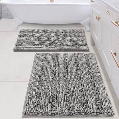 Sage Bathroom Rugs, Bath Mat Set of 2 Extra Thick Chenille Striped Pattern Shaggy Bath Rugs for Bath Room, Non Skid Bath Mats for Bathroom Floor (32 x 20 Plus 24 x 17 - Inches) - Colors A