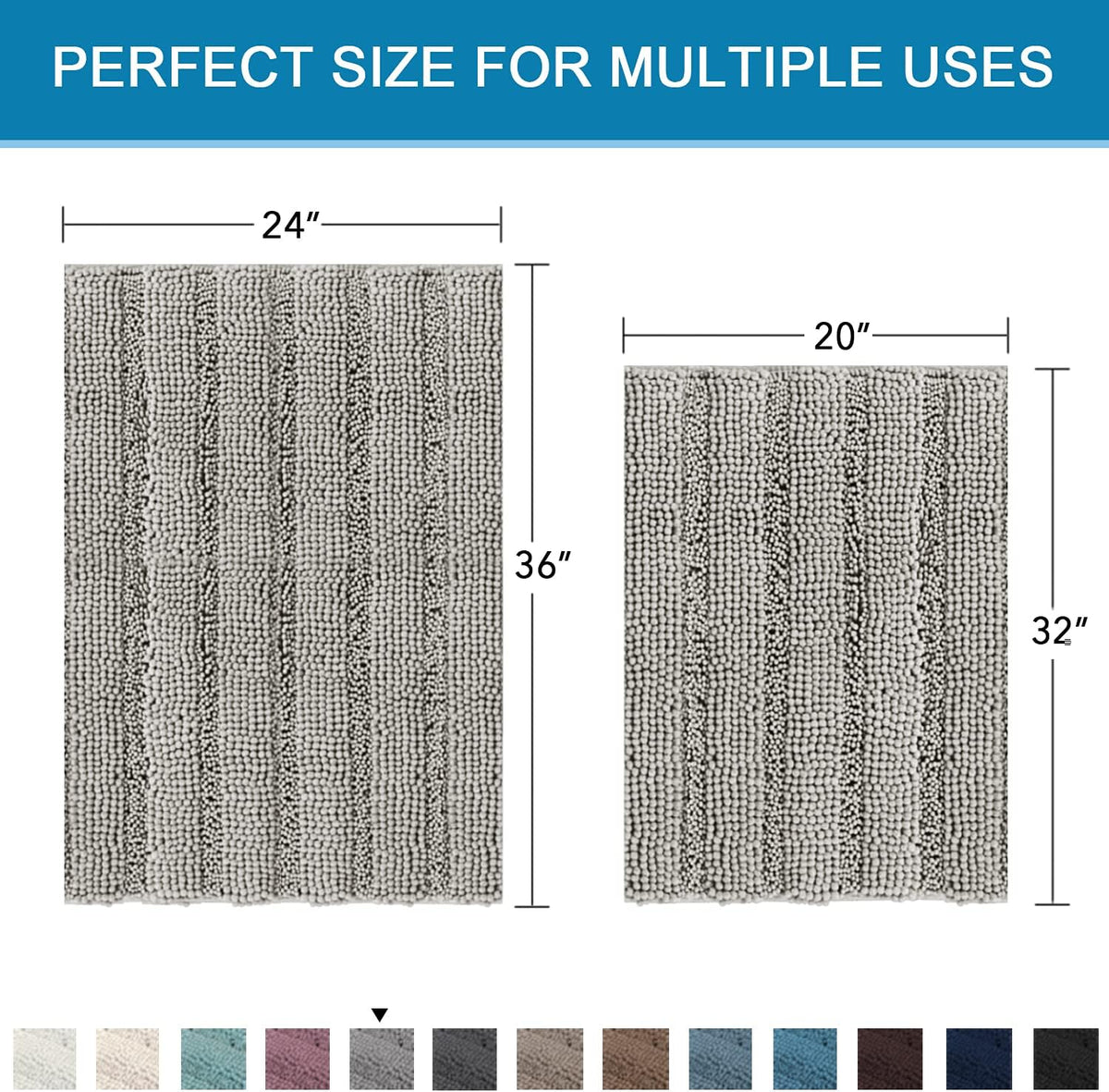 Sage Bathroom Rugs, Bath Mat Set of 2 Extra Thick Chenille Striped Pattern Shaggy Bath Rugs for Bath Room, Non Skid Bath Mats for Bathroom Floor (32 x 20 Plus 24 x 17 - Inches) - Colors A
