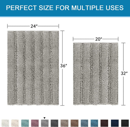 Sage Bathroom Rugs, Bath Mat Set of 2 Extra Thick Chenille Striped Pattern Shaggy Bath Rugs for Bath Room, Non Skid Bath Mats for Bathroom Floor (32 x 20 Plus 24 x 17 - Inches) - Colors A
