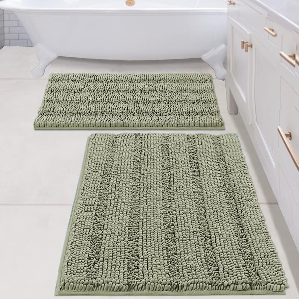 Sage Bathroom Rugs, Bath Mat Set of 2 Extra Thick Chenille Striped Pattern Shaggy Bath Rugs for Bath Room, Non Skid Bath Mats for Bathroom Floor (32 x 20 Plus 24 x 17 - Inches) - Colors A