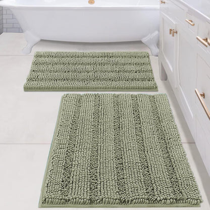 Sage Bathroom Rugs, Bath Mat Set of 2 Extra Thick Chenille Striped Pattern Shaggy Bath Rugs for Bath Room, Non Skid Bath Mats for Bathroom Floor (32 x 20 Plus 24 x 17 - Inches) - Colors A