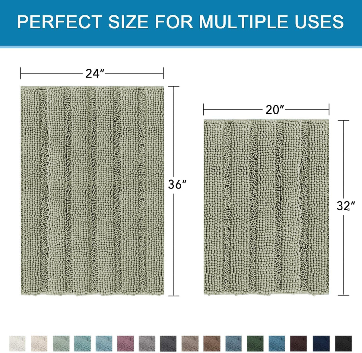 Sage Bathroom Rugs, Bath Mat Set of 2 Extra Thick Chenille Striped Pattern Shaggy Bath Rugs for Bath Room, Non Skid Bath Mats for Bathroom Floor (32 x 20 Plus 24 x 17 - Inches) - Colors A