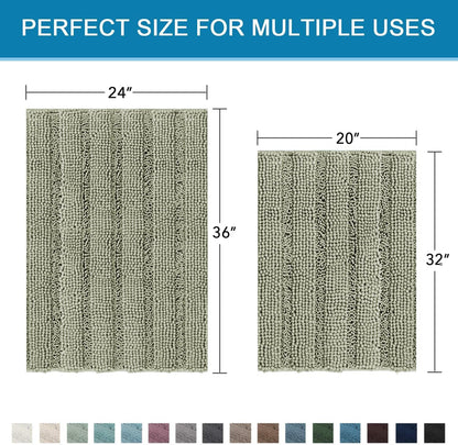 Sage Bathroom Rugs, Bath Mat Set of 2 Extra Thick Chenille Striped Pattern Shaggy Bath Rugs for Bath Room, Non Skid Bath Mats for Bathroom Floor (32 x 20 Plus 24 x 17 - Inches) - Colors A