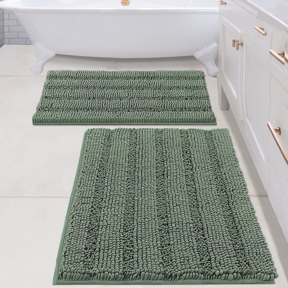 Sage Bathroom Rugs, Bath Mat Set of 2 Extra Thick Chenille Striped Pattern Shaggy Bath Rugs for Bath Room, Non Skid Bath Mats for Bathroom Floor (32 x 20 Plus 24 x 17 - Inches) - Colors A