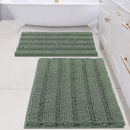 Sage Bathroom Rugs, Bath Mat Set of 2 Extra Thick Chenille Striped Pattern Shaggy Bath Rugs for Bath Room, Non Skid Bath Mats for Bathroom Floor (32 x 20 Plus 24 x 17 - Inches) - Colors A