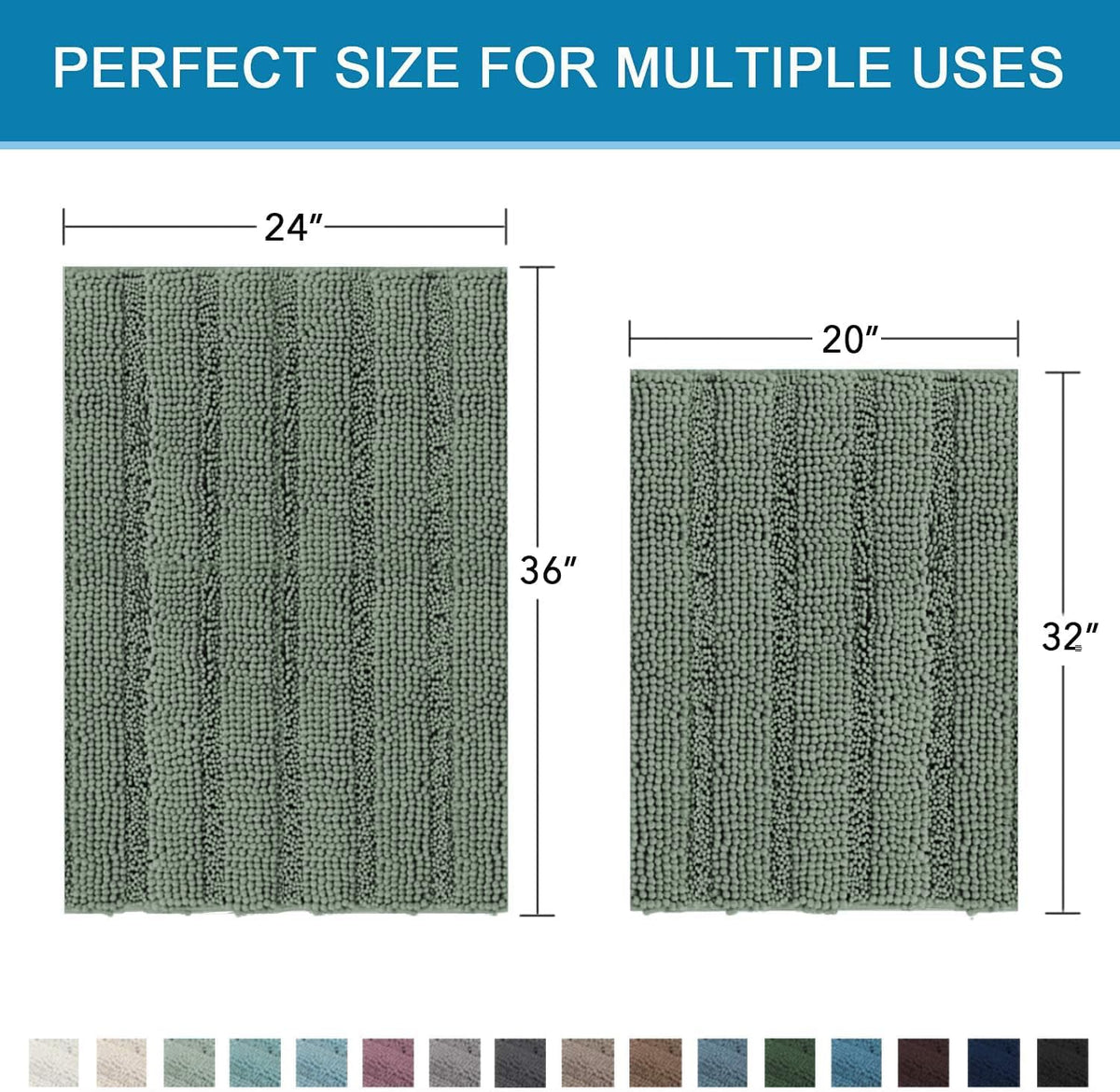 Sage Bathroom Rugs, Bath Mat Set of 2 Extra Thick Chenille Striped Pattern Shaggy Bath Rugs for Bath Room, Non Skid Bath Mats for Bathroom Floor (32 x 20 Plus 24 x 17 - Inches) - Colors A