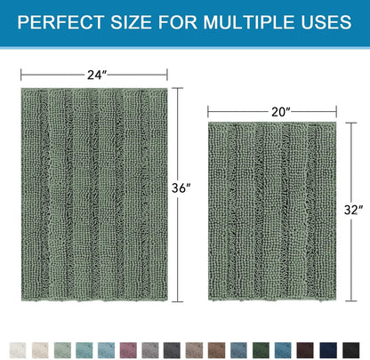 Sage Bathroom Rugs, Bath Mat Set of 2 Extra Thick Chenille Striped Pattern Shaggy Bath Rugs for Bath Room, Non Skid Bath Mats for Bathroom Floor (32 x 20 Plus 24 x 17 - Inches) - Colors A