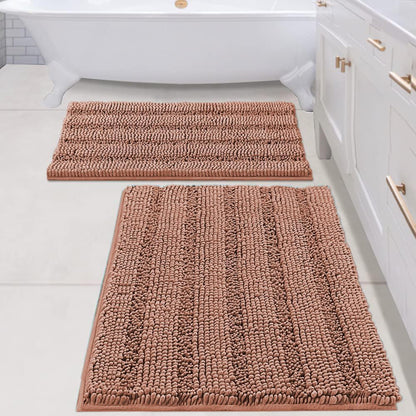 Sage Bathroom Rugs, Bath Mat Set of 2 Extra Thick Chenille Striped Pattern Shaggy Bath Rugs for Bath Room, Non Skid Bath Mats for Bathroom Floor (32 x 20 Plus 24 x 17 - Inches) - Colors A