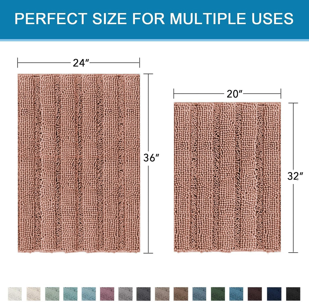 Sage Bathroom Rugs, Bath Mat Set of 2 Extra Thick Chenille Striped Pattern Shaggy Bath Rugs for Bath Room, Non Skid Bath Mats for Bathroom Floor (32 x 20 Plus 24 x 17 - Inches) - Colors A