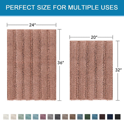 Sage Bathroom Rugs, Bath Mat Set of 2 Extra Thick Chenille Striped Pattern Shaggy Bath Rugs for Bath Room, Non Skid Bath Mats for Bathroom Floor (32 x 20 Plus 24 x 17 - Inches) - Colors A