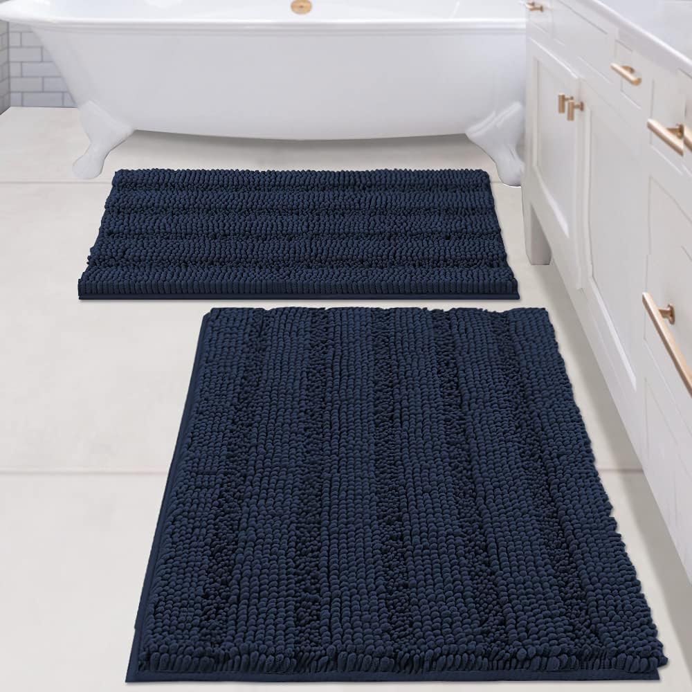 Sage Bathroom Rugs, Bath Mat Set of 2 Extra Thick Chenille Striped Pattern Shaggy Bath Rugs for Bath Room, Non Skid Bath Mats for Bathroom Floor (32 x 20 Plus 24 x 17 - Inches) - Colors A