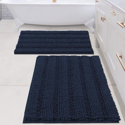 Sage Bathroom Rugs, Bath Mat Set of 2 Extra Thick Chenille Striped Pattern Shaggy Bath Rugs for Bath Room, Non Skid Bath Mats for Bathroom Floor (32 x 20 Plus 24 x 17 - Inches) - Colors A