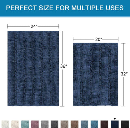 Sage Bathroom Rugs, Bath Mat Set of 2 Extra Thick Chenille Striped Pattern Shaggy Bath Rugs for Bath Room, Non Skid Bath Mats for Bathroom Floor (32 x 20 Plus 24 x 17 - Inches) - Colors A