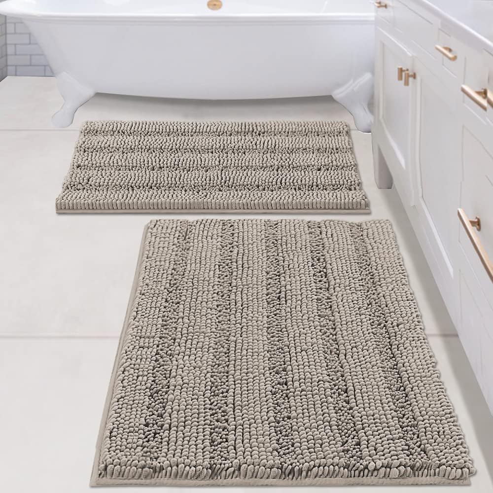 Sage Bathroom Rugs, Bath Mat Set of 2 Extra Thick Chenille Striped Pattern Shaggy Bath Rugs for Bath Room, Non Skid Bath Mats for Bathroom Floor (32 x 20 Plus 24 x 17 - Inches) - Colors A