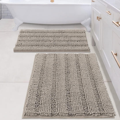 Sage Bathroom Rugs, Bath Mat Set of 2 Extra Thick Chenille Striped Pattern Shaggy Bath Rugs for Bath Room, Non Skid Bath Mats for Bathroom Floor (32 x 20 Plus 24 x 17 - Inches) - Colors A