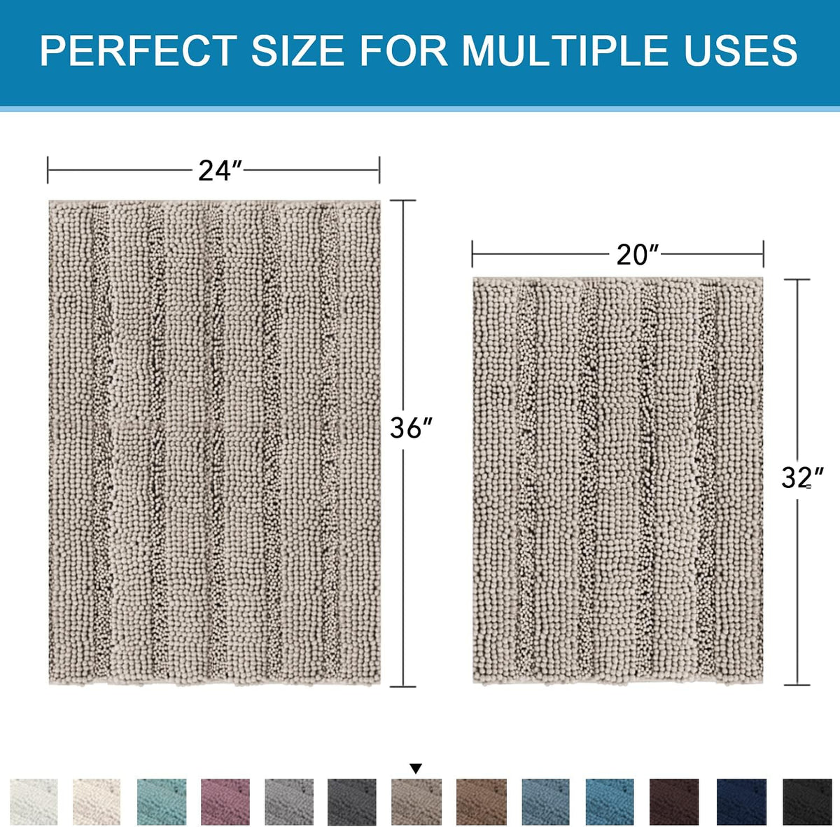 Sage Bathroom Rugs, Bath Mat Set of 2 Extra Thick Chenille Striped Pattern Shaggy Bath Rugs for Bath Room, Non Skid Bath Mats for Bathroom Floor (32 x 20 Plus 24 x 17 - Inches) - Colors A