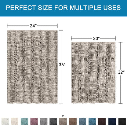 Sage Bathroom Rugs, Bath Mat Set of 2 Extra Thick Chenille Striped Pattern Shaggy Bath Rugs for Bath Room, Non Skid Bath Mats for Bathroom Floor (32 x 20 Plus 24 x 17 - Inches) - Colors A