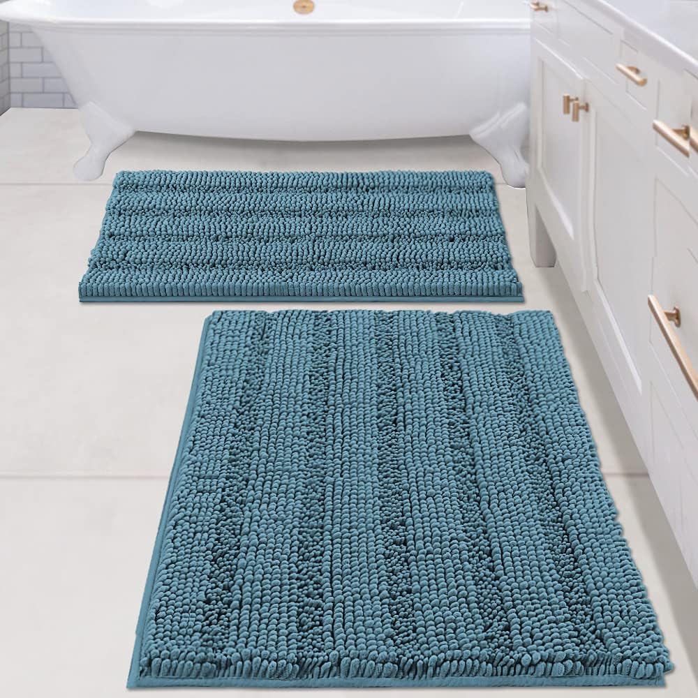 Sage Bathroom Rugs, Bath Mat Set of 2 Extra Thick Chenille Striped Pattern Shaggy Bath Rugs for Bath Room, Non Skid Bath Mats for Bathroom Floor (32 x 20 Plus 24 x 17 - Inches) - Colors A