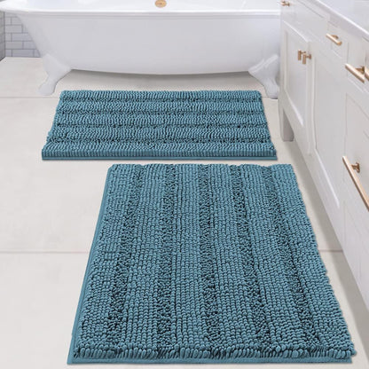 Sage Bathroom Rugs, Bath Mat Set of 2 Extra Thick Chenille Striped Pattern Shaggy Bath Rugs for Bath Room, Non Skid Bath Mats for Bathroom Floor (32 x 20 Plus 24 x 17 - Inches) - Colors A