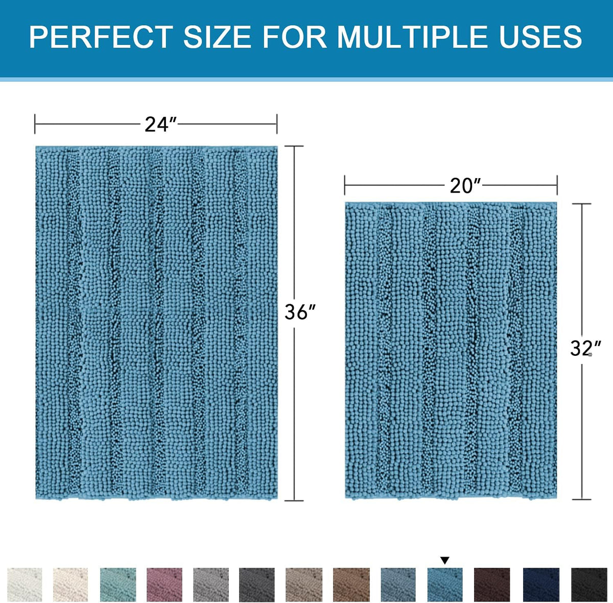 Sage Bathroom Rugs, Bath Mat Set of 2 Extra Thick Chenille Striped Pattern Shaggy Bath Rugs for Bath Room, Non Skid Bath Mats for Bathroom Floor (32 x 20 Plus 24 x 17 - Inches) - Colors A