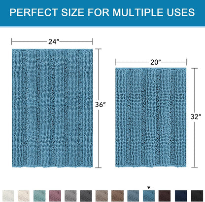 Sage Bathroom Rugs, Bath Mat Set of 2 Extra Thick Chenille Striped Pattern Shaggy Bath Rugs for Bath Room, Non Skid Bath Mats for Bathroom Floor (32 x 20 Plus 24 x 17 - Inches) - Colors A