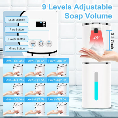 Automatic Liquid Soap Dispenser Touchless, USB Rechargeable Smart Hand Soap Dispenser, 9-Level Adjustable, Physical Button Operation, 13.5oz/400mL Wall Mounted for Bathroom Kitchen Dish Soap