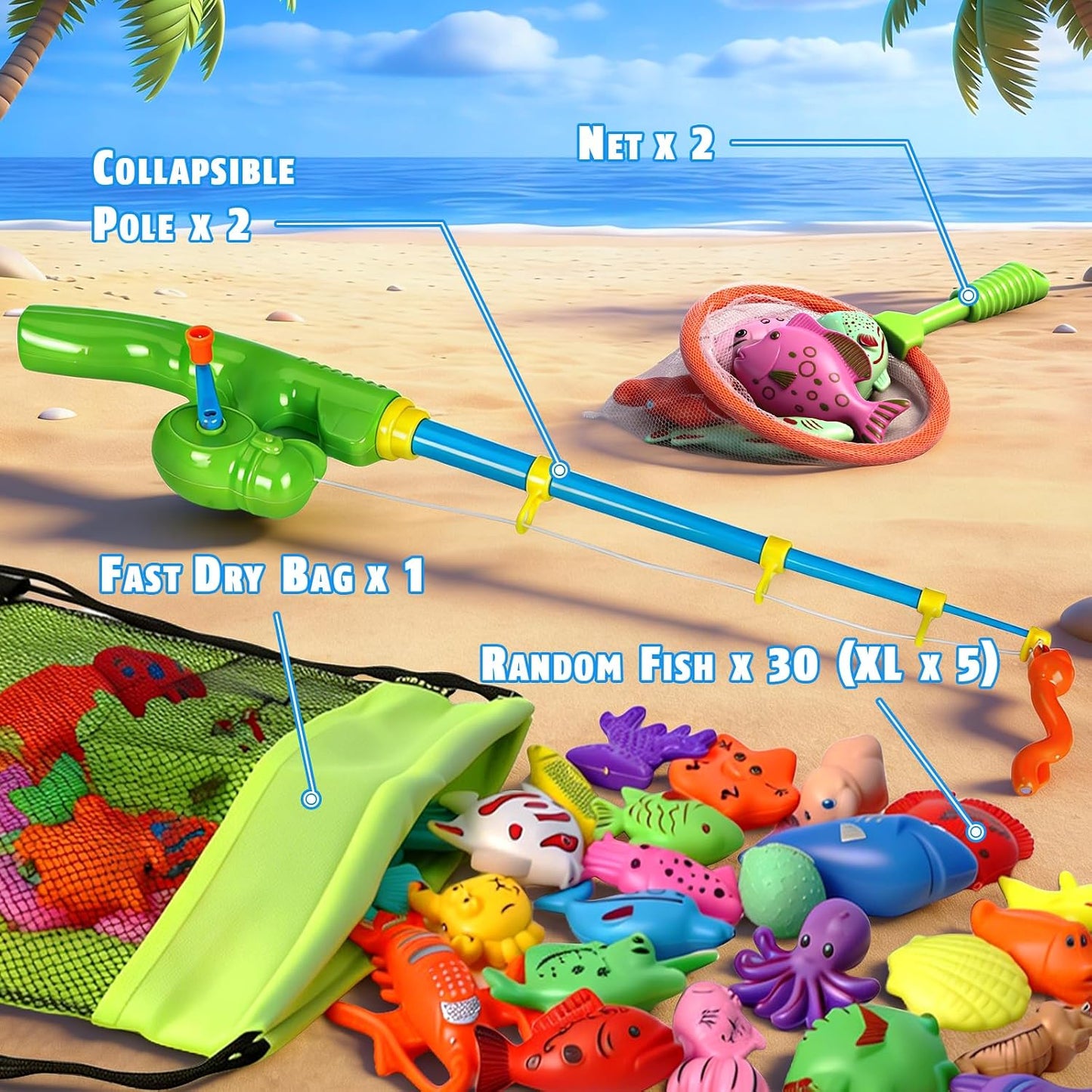 ™ Magnetic Fishing Toys Game Set for Kids | Water Table Bathtub Kiddie Pool Party Pole Rod Net, Outdoor Plastic Floating Fish, Toddler Bath Color Ocean Sea Animals Birthday Gift Age 3-5 6 4-8