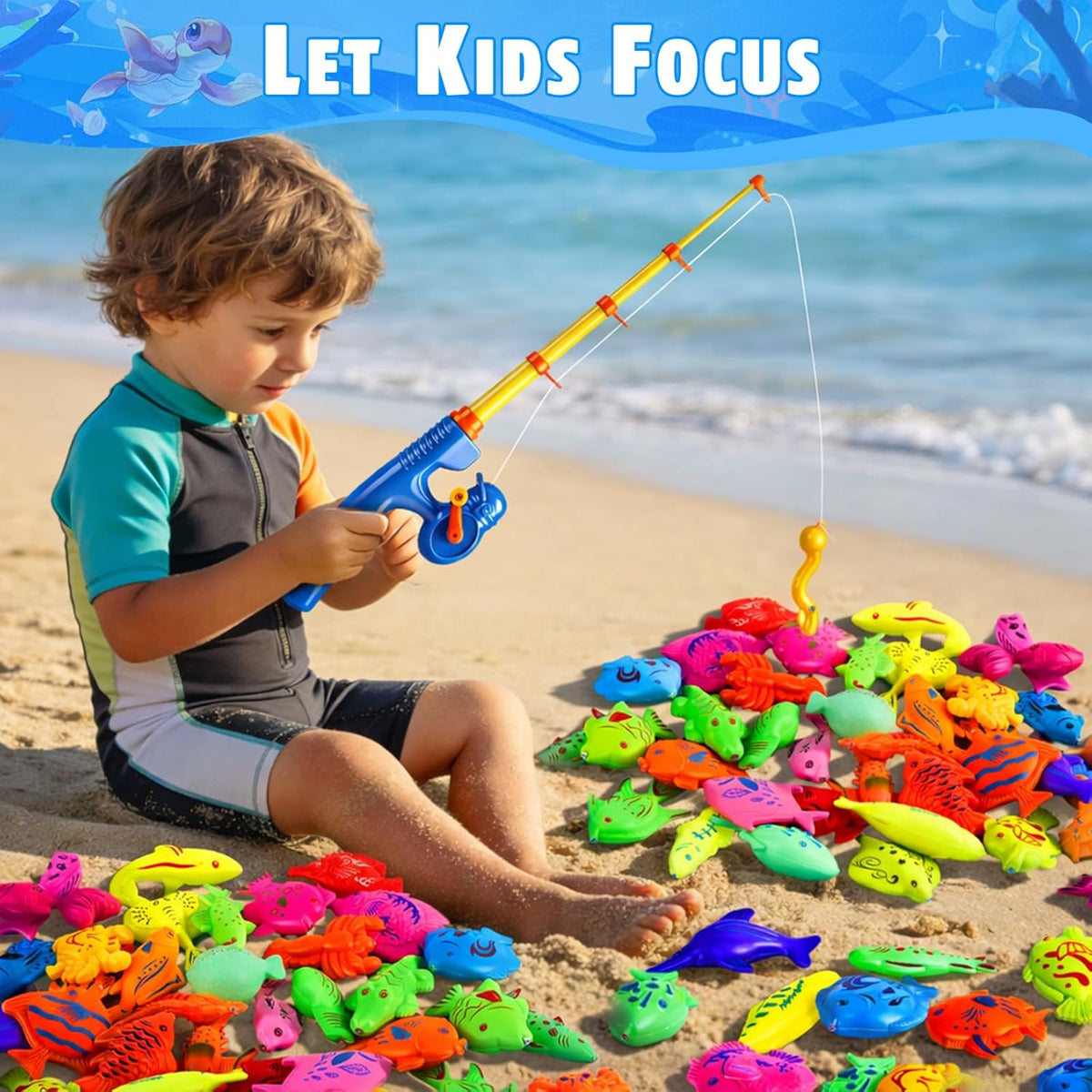 ™ Magnetic Fishing Toys Game Set for Kids | Water Table Bathtub Kiddie Pool Party Pole Rod Net, Outdoor Plastic Floating Fish, Toddler Bath Color Ocean Sea Animals Birthday Gift Age 3-5 6 4-8