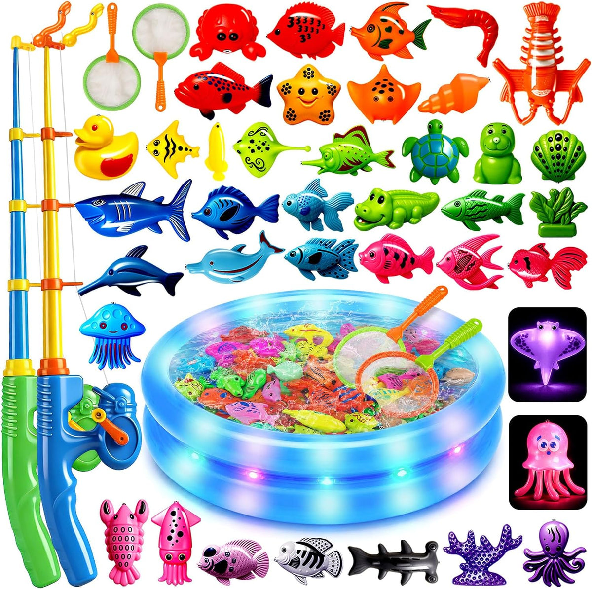 ™ Magnetic Fishing Toys Game Set for Kids | Water Table Bathtub Kiddie Pool Party Pole Rod Net, Outdoor Plastic Floating Fish, Toddler Bath Color Ocean Sea Animals Birthday Gift Age 3-5 6 4-8