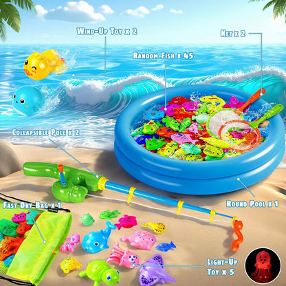 ™ Magnetic Fishing Toys Game Set for Kids | Water Table Bathtub Kiddie Pool Party Pole Rod Net, Outdoor Plastic Floating Fish, Toddler Bath Color Ocean Sea Animals Birthday Gift Age 3-5 6 4-8