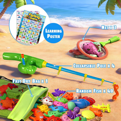 ™ Magnetic Fishing Toys Game Set for Kids | Water Table Bathtub Kiddie Pool Party Pole Rod Net, Outdoor Plastic Floating Fish, Toddler Bath Color Ocean Sea Animals Birthday Gift Age 3-5 6 4-8
