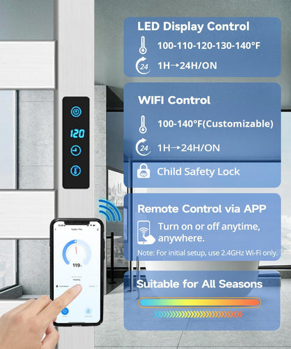 WiFi Heated Towel Rack Wall Mounted, Electric Towel Warmer, Brushed Nickel | WiFi App Remote, Foldable Space-Saving Bracket, Child Lock, 5 Temp Levels, 1–24H Timer, LED Display, Stainless Steel, Plug-in