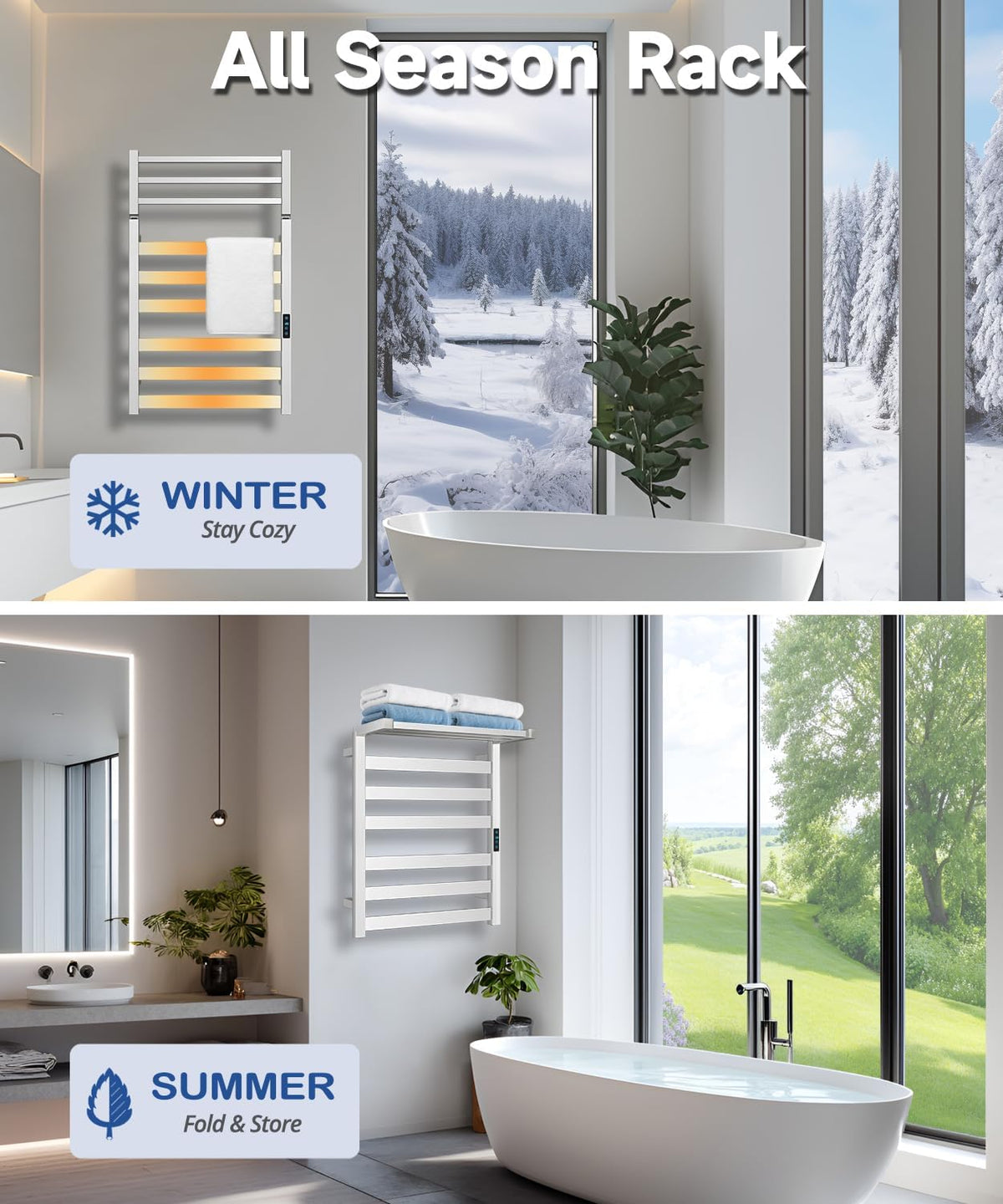 WiFi Heated Towel Rack Wall Mounted, Electric Towel Warmer, Brushed Nickel | WiFi App Remote, Foldable Space-Saving Bracket, Child Lock, 5 Temp Levels, 1–24H Timer, LED Display, Stainless Steel, Plug-in