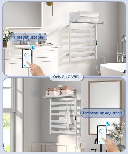 WiFi Heated Towel Rack Wall Mounted, Electric Towel Warmer, Brushed Nickel | WiFi App Remote, Foldable Space-Saving Bracket, Child Lock, 5 Temp Levels, 1–24H Timer, LED Display, Stainless Steel, Plug-in