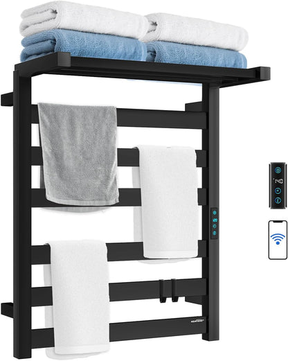 WiFi Heated Towel Rack Wall Mounted, Electric Towel Warmer, Brushed Nickel | WiFi App Remote, Foldable Space-Saving Bracket, Child Lock, 5 Temp Levels, 1–24H Timer, LED Display, Stainless Steel, Plug-in
