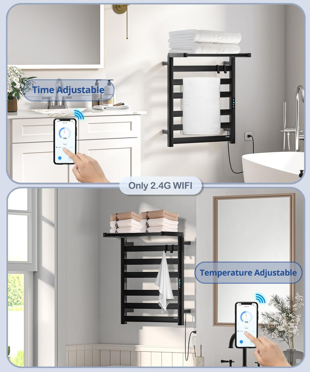 WiFi Heated Towel Rack Wall Mounted, Electric Towel Warmer, Brushed Nickel | WiFi App Remote, Foldable Space-Saving Bracket, Child Lock, 5 Temp Levels, 1–24H Timer, LED Display, Stainless Steel, Plug-in