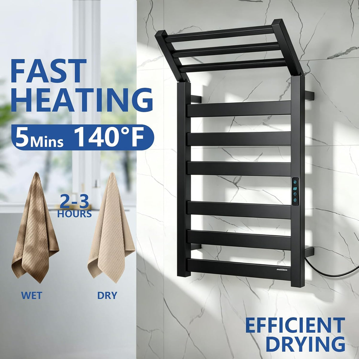 WiFi Heated Towel Rack Wall Mounted, Electric Towel Warmer, Brushed Nickel | WiFi App Remote, Foldable Space-Saving Bracket, Child Lock, 5 Temp Levels, 1–24H Timer, LED Display, Stainless Steel, Plug-in
