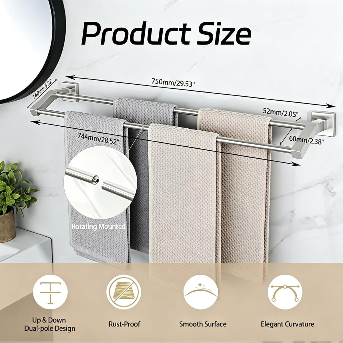 Double Towel Bar,24" Double Towel Racks for Bathroom,Polished Chrome
