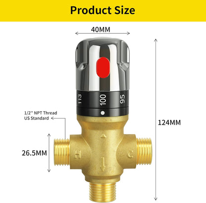 Thermostatic Mixing Valve, 1/2 NPT Solid Brass Temperature Control Valve