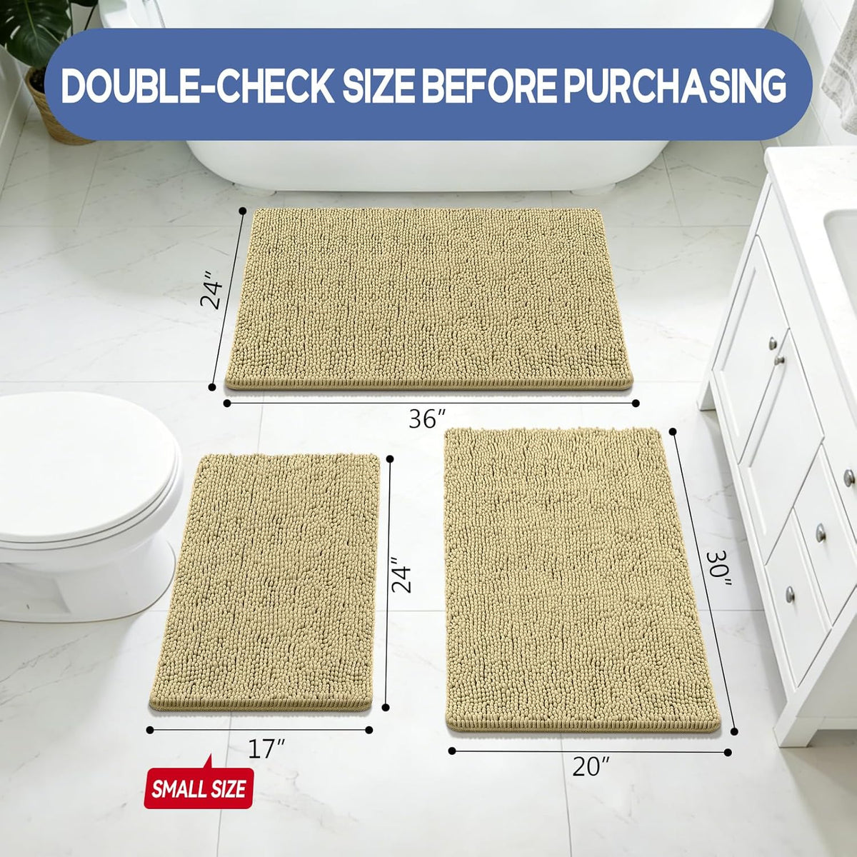 Small Bath Rug Mat,24x17 Chenille High Absorbent Latte Bathroom Mats | Non Slip with Rubber Backing Bathroom Rugs Machine Washable;Extra Soft Bath Rug ;High Absorbent And Quick Dry Microfiber mat