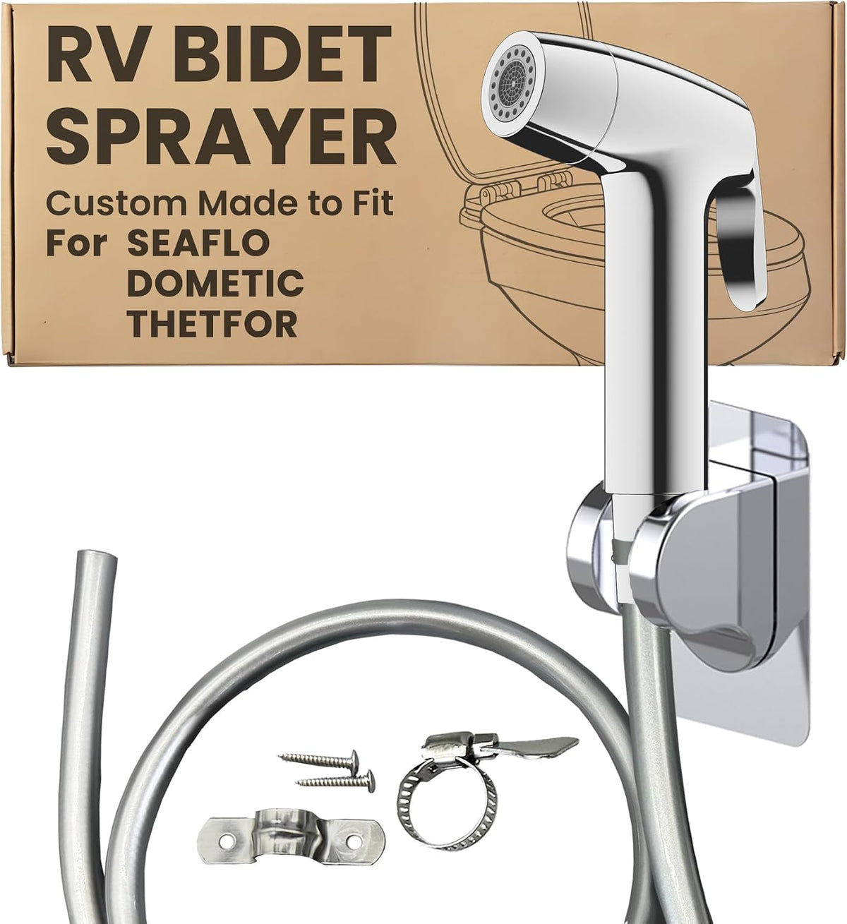RV Bidet Sprayer for SEAFLO, RV Handheld Bidet with Water Hose & RV Fitting, Wall-Mount Toilet Sprayer for Motorhomes, Fifth Wheels, Trailers & Campers Toilet-Chome