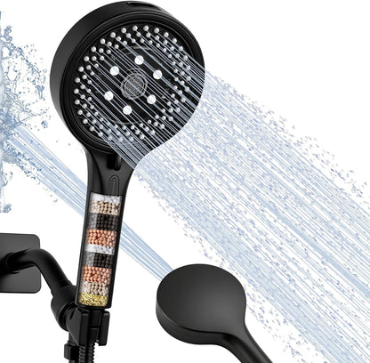 Filtered Handheld Shower Head, High Pressure Chrome | 7 spray modes, 5.24" wide coverage, 59" SS hose, adjustable holder, built-in filter, G1/2" universal fit, tool-free install