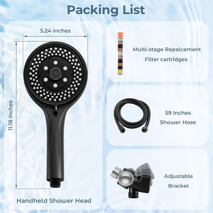 Filtered Handheld Shower Head, High Pressure Chrome | 7 spray modes, 5.24" wide coverage, 59" SS hose, adjustable holder, built-in filter, G1/2" universal fit, tool-free install