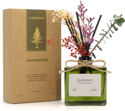 Reed Diffuser, 6.09 oz Earthy Sandalwood Scent Diffuser with Sticks & Dried Flowers, 120 Days Long Lasting diffusers for Home, Elegant Fragrance for Bathroom Bedroom Office Decor Air Fresh