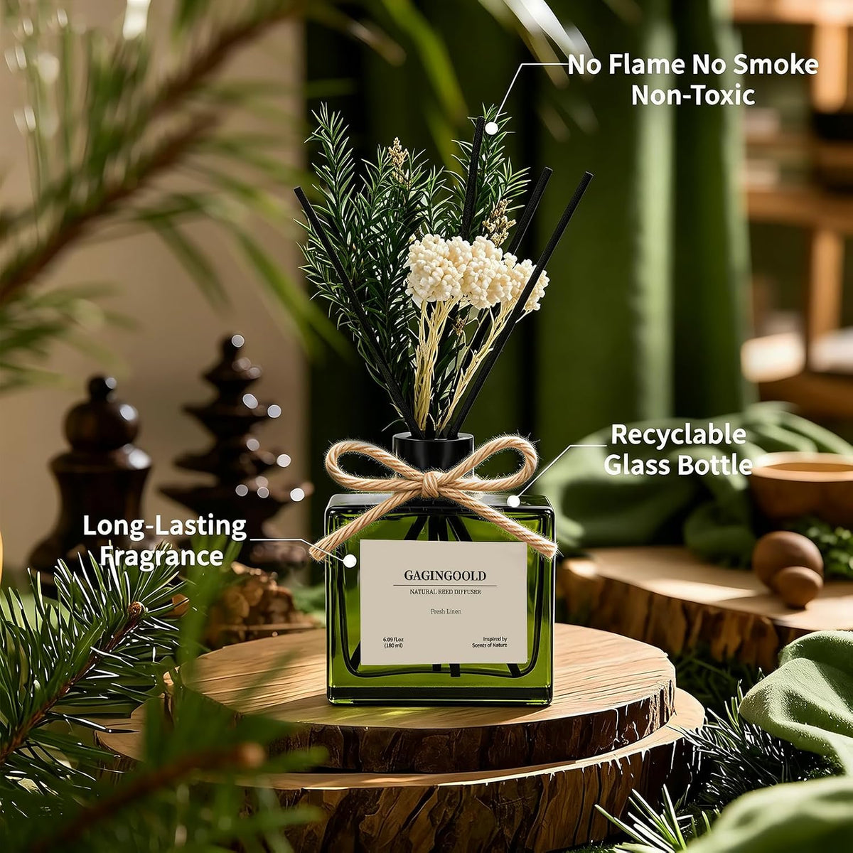 Reed Diffuser, 6.09 oz Earthy Sandalwood Scent Diffuser with Sticks & Dried Flowers, 120 Days Long Lasting diffusers for Home, Elegant Fragrance for Bathroom Bedroom Office Decor Air Fresh