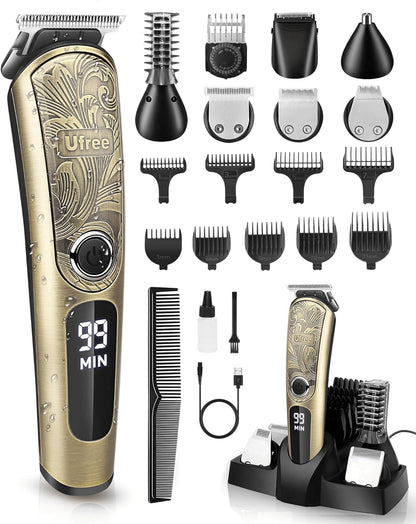 Beard Trimmer for Men, Waterproof Electric Razor, Grooming Kit | Stainless steel blades, six interchangeable heads, wet and dry use, USB rechargeable, for face body nose ear trimming, silver