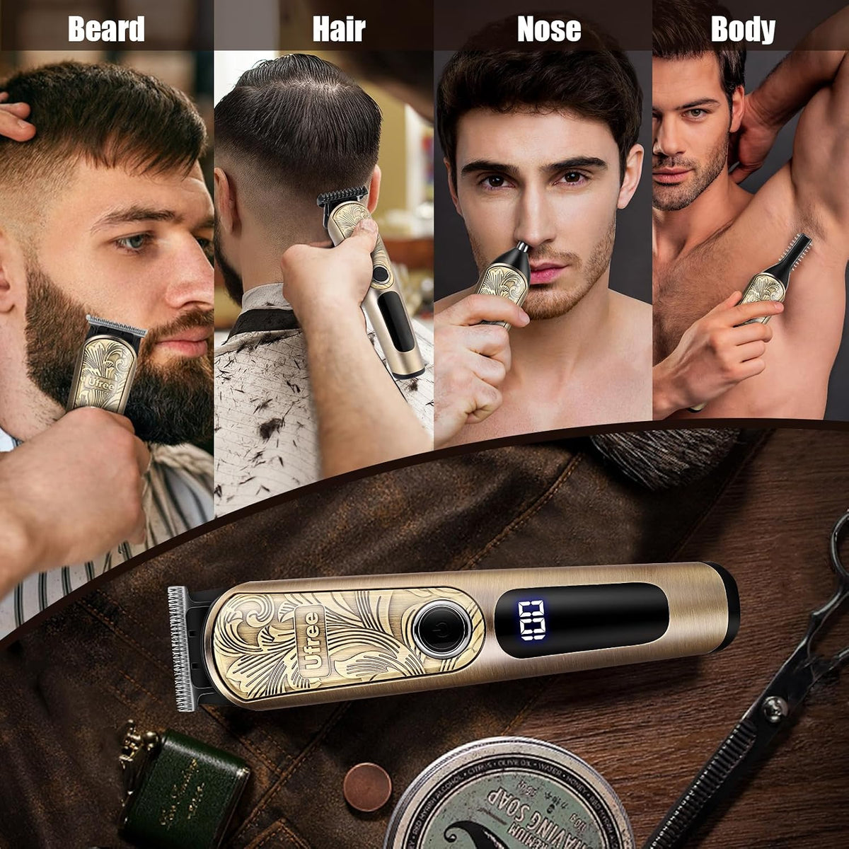 Beard Trimmer for Men, Waterproof Electric Razor, Grooming Kit | Stainless steel blades, six interchangeable heads, wet and dry use, USB rechargeable, for face body nose ear trimming, silver