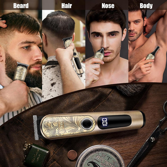 Beard Trimmer for Men, Waterproof Electric Razor, Grooming Kit | Stainless steel blades, six interchangeable heads, wet and dry use, USB rechargeable, for face body nose ear trimming, silver