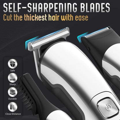 Beard Trimmer for Men, Waterproof Electric Razor, Grooming Kit | Stainless steel blades, six interchangeable heads, wet and dry use, USB rechargeable, for face body nose ear trimming, silver